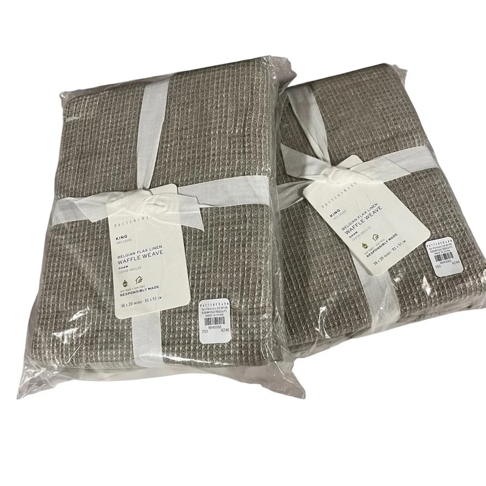 Pottery Barn NEW Set of Two Belgian Flax Linen Waffle Weave Pillow Shams King